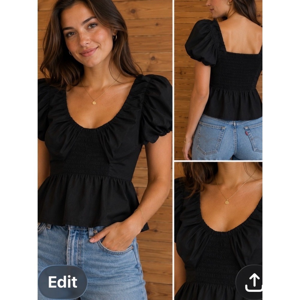 Abercrombie & Fitch Black Puff Sleeve Smocked Peplum Top Sweetheart Neck Blouse